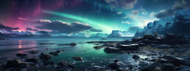 Fototapeta premium winter fairytale night atmosphere. beautiful northern lights in the sky. mysterious wildlife.