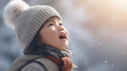A joyful kid in a warm hat, playfully catching snowflakes on his tongue on a snowy day - obrazy, fototapety, plakaty
