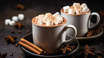 Gordijnen Two cups of hot chocolate with marshmallows © tashechka