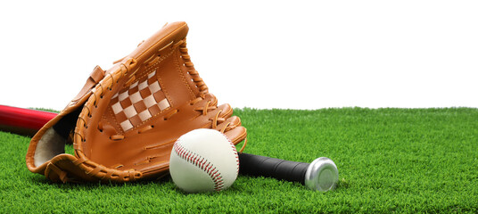 Baseball bat, ball and catcher's mitt on artificial grass against white background
