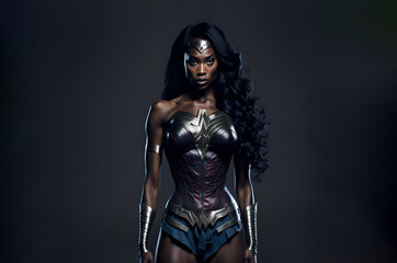 Beautiful black woman wearing superhero costume. Powerful amazon warrior princess