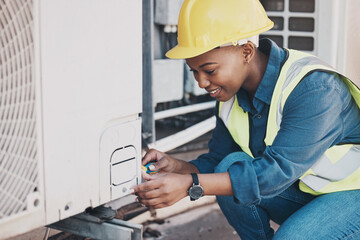 Happy black woman, technician and building installation for air control, construction or vent on roof. African female person, contractor or engineer installing industrial equipment for architecture