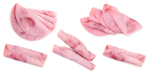 Slices of tasty ham isolated on white, set