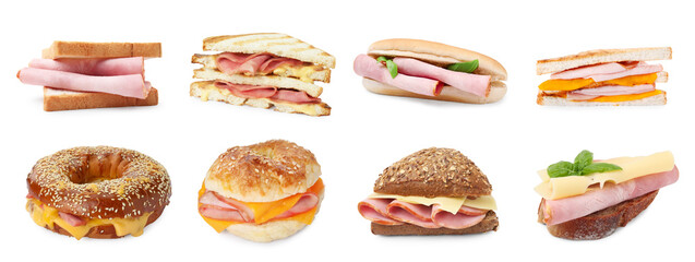 Different tasty sandwiches with ham isolated on white, collection