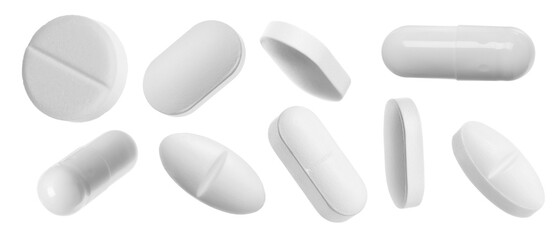 Many different pills isolated on white, collection