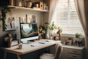 A modern work space desk with a computer Generative AI