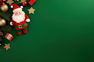 Top view of composition with Christmas decorations and copy space on green background