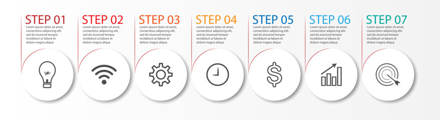 7 step infographics, simple infographic design consisting of seven interrelated parts, circle design combined with squares, lines, icons and colors, good for your business presentation