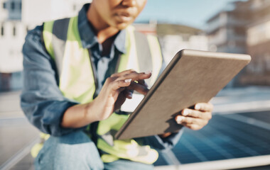Woman, architect and hands with tablet in city for solar panel inspection or installation. Closeup...