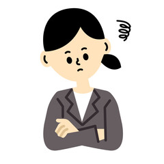 ビジネスパーソン　考える　困る　悩む　腕組み　女性　仕事　スーツ　イラスト	