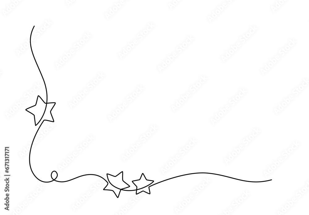 Fototapete one continuous line drawing of christmas frame and border with stars. festive break line with flouri