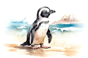 Cute full length african penguin stand on beach - obrazy, fototapety, plakaty