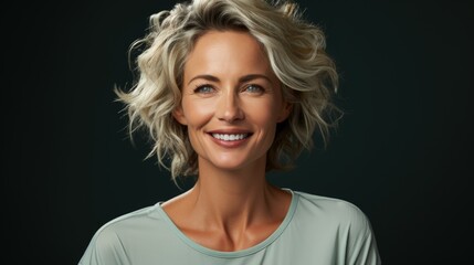 A close-up portrait of a woman with wavy blonde hair, showcasing her radiant blue eyes and a warm smile against a dark background. - obrazy, fototapety, plakaty