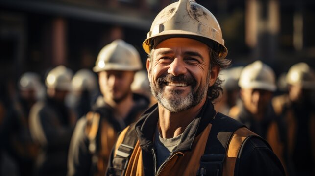 A cheerful construction worker with a worn helmet stands amidst a group of colleagues, his facial features illuminated by the sun's rays.