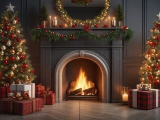 Yuletide Harmony: Christmas Tree Next to Fireplace. 