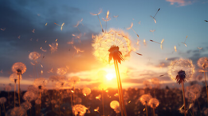 view of dandelion seeds floating at sunset, asthetic style, cinematic lighning - obrazy, fototapety, plakaty
