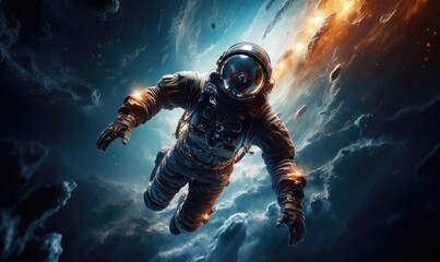 Fototapeta na wymiar realistic galaxy astronaut floating in space with earth in the background