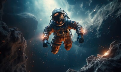 realistic galaxy astronaut floating in space with earth in the background - obrazy, fototapety, plakaty