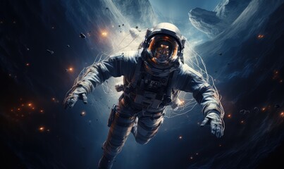 realistic galaxy astronaut floating in space with earth in the background