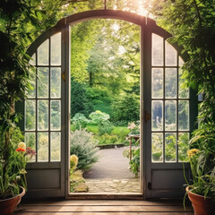 elegant French doors opening to a lush garden r
