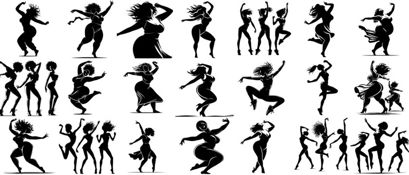 Joyful Rhythm, motion: Dancing Women Silhouettes Celebrating Diversity,  Set of Editable Stroke Graphics