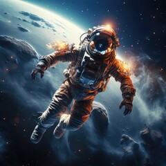 Fototapeta premium realistic galaxy astronaut floating in space with earth in the background