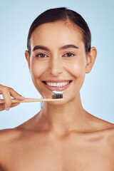 Brushing teeth, portrait and woman with dental, hygiene and grooming with oral care isolated on...