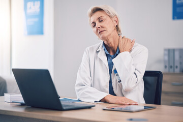 Stress, woman and medical doctor with neck pain in office for muscle pressure, joint injury and...