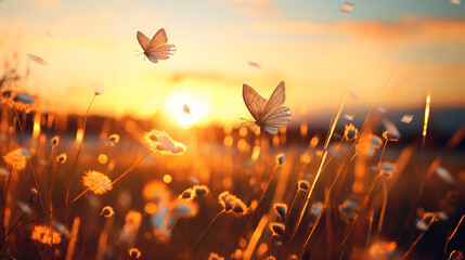 view of wild grass with sunset with flying butterflies, asthetic style, cinematic lighning