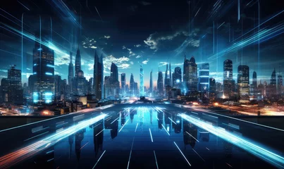 Foto op Plexiglas futuristic cityscape with towering skyscrapers and holographic advertisements © Surasak-Art