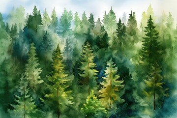 Fototapeta premium A Watercolor Aerial View of a Pine Forest