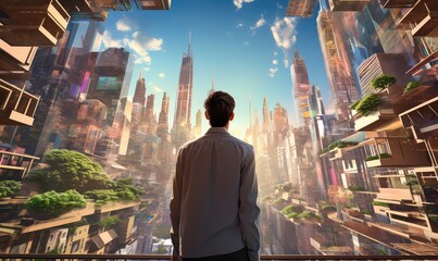 Business man in city center looking at view up at modern skyscrapers downtown. Businessman from the back contemplating career and job