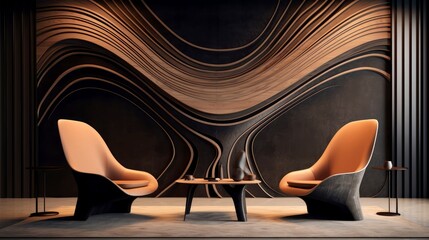 Modern living room with wooden geometric wall