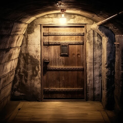Rustic trapdoor leading to a wine cellar underground 

