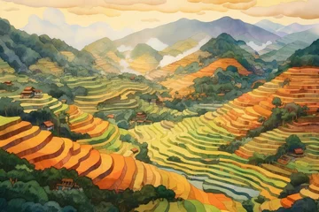 Fotobehang A Watercolor Tapestry of Terraced Rice Fields Serene Landscape © Supardi