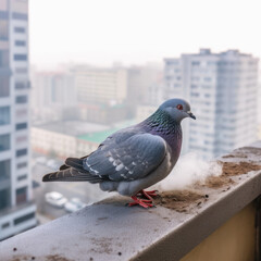  A smoke gray pigeon cooing from an urban balcony.
