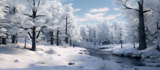 Fototapeta na wymiar Beautiful winter landscape with river and trees covered with hoarfrost