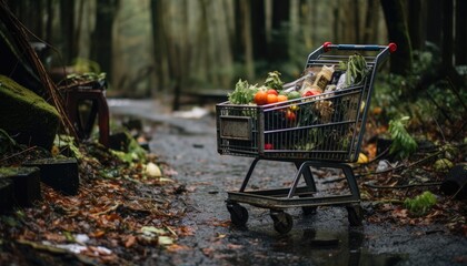 A Haunting Reminder of an Abandoned Shopping Cart Filled with Groceries - obrazy, fototapety, plakaty