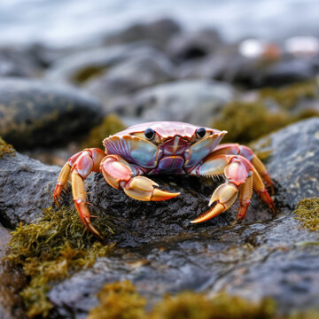  A periwinkle crab scuttling along a rocky shoreline. 
