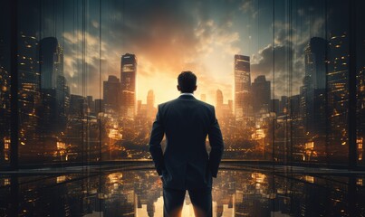 Fototapeta na wymiar Business, The concept of modern life, The double exposure image of the business man standing back during sunrise overlay with cityscape image
