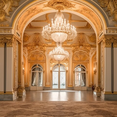 Fototapeta na wymiar Grand arched doorway opening to a luxurious ballroom 