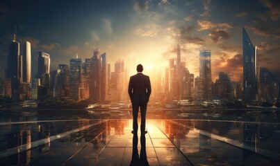 Business, The concept of modern life, The double exposure image of the business man standing back during sunrise overlay with cityscape image