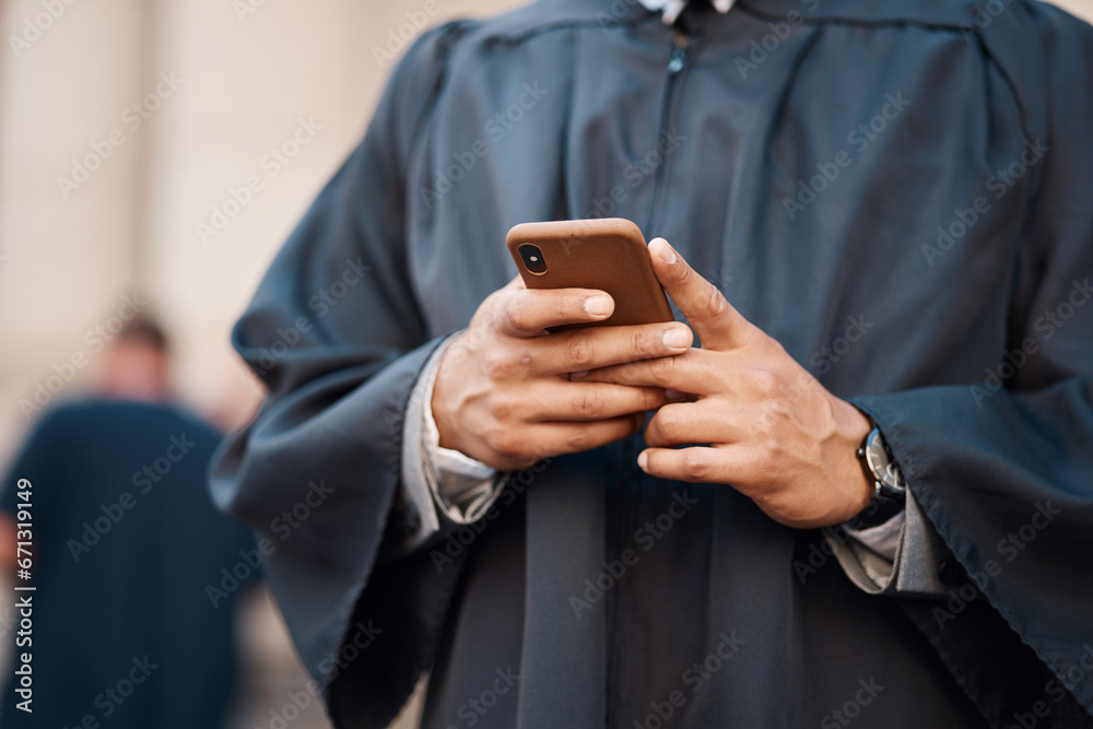 Poster lawyer, hands and cellphone with judge for justice at courtroom in city for communication or researc