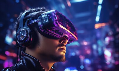 3D render, futuristic neon background. Visualization of a man wearing virtual reality glasses, electronic head device. User interface. Player one ready for the game in cyber space - obrazy, fototapety, plakaty