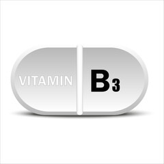 Vitamin B3 white icon. Vitamin drop pill capsule icon. Vector illustration. EPS10.