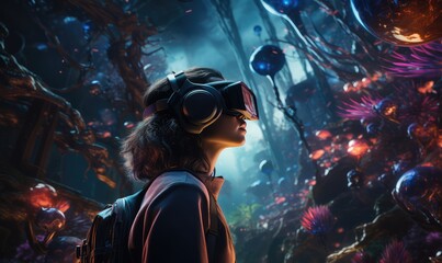 person using a futuristic virtual reality headset, immersed in a digital world