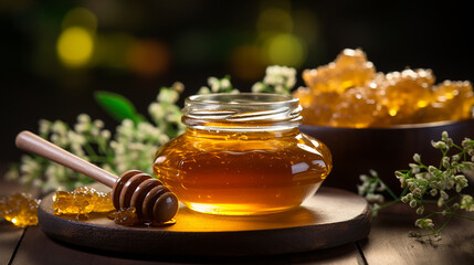 Jar of honey on wooden table