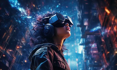 Fototapeta na wymiar person using a futuristic virtual reality headset, immersed in a digital world