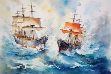 Aerial View of Two Ships at Sea watercolor