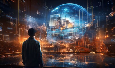 using VR glasses can see a digital building and it's correspond data. Tha background has neon lights and eletronic circuits